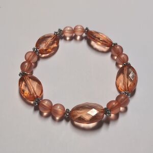 110 Peach Translucent Faceted and Silver Beaded Stretch Bracelet‎
